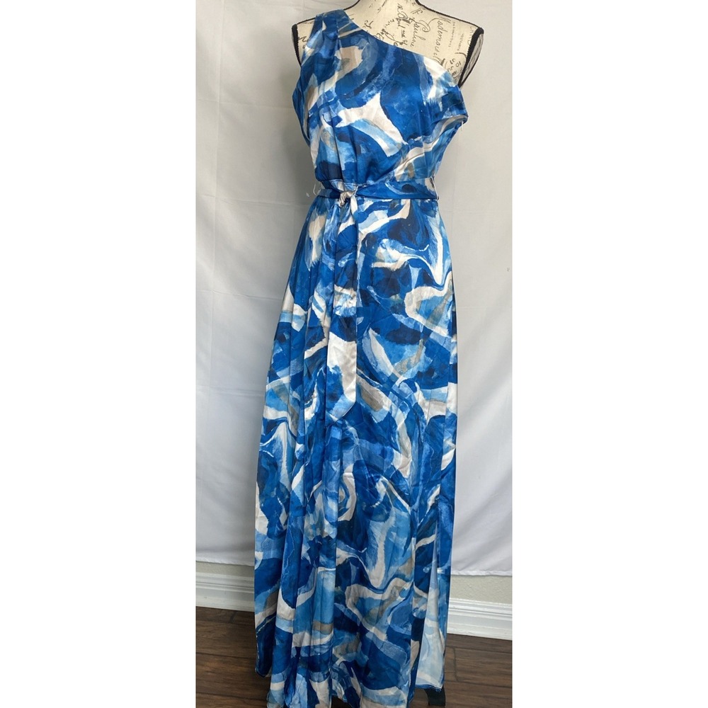 NWT‎ Nicole Miller One Shoulder Blue Satin Maxi  Dress Women 6 Watercolor Satin